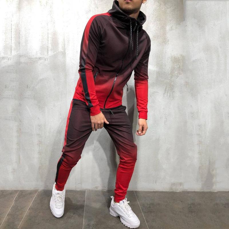 Zipper Tracksuit Men Set Sporting 2 Pieces Sweatsuit Printed Hooded Hoodies Jacket Pants Track Suits Male
