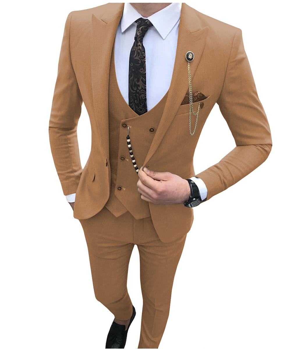 Excellent Red 3 Piece Suit Men Wedding Tuxedos Peak Lapel Groom Tuxedos Men Business Dinner Prom Blazer(Jacket+Pants+Tie+Vest) 665