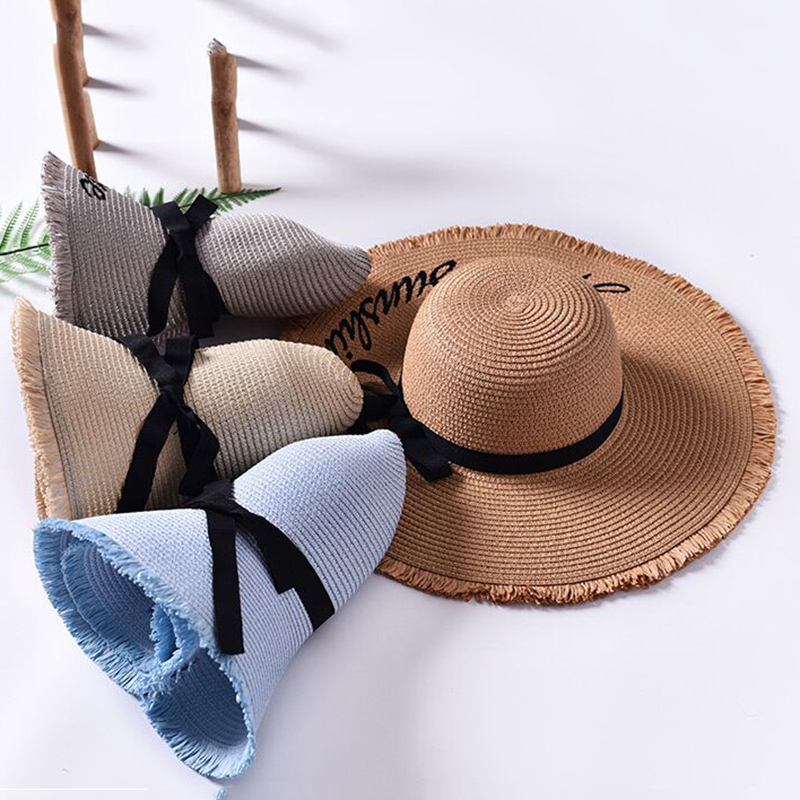 Sun Hats For Women Handmade Weave letter Embroidery Black Ribbon Lace Up Large Brim Straw Hat Outdoor Beach hat Summer Caps Chap Y200716