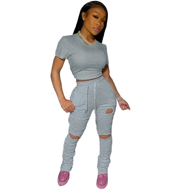 2 Piece Jogger Set Women Tracksuit Casual Summer Crop Top and Stacked Pants Sweatpants Set Women Two Piece Outfits Matching Sets T200603