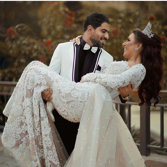 Long Sleeve Mermaid Wedding Dresses with Detachable Train 2021 Luxury Pearls Beaded Lace Applique Princess Vestidos De Novia