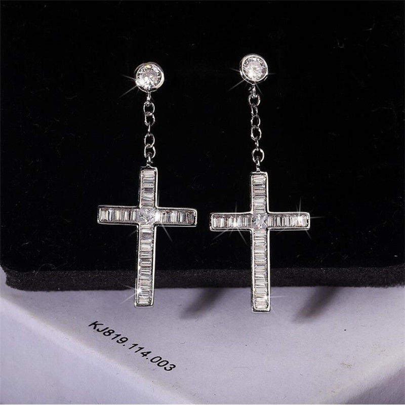 2024 Sparkg Cross Dangle Earrings: Sterg Sier, Princess Cut White Topaz, Jewelry Gift for Women