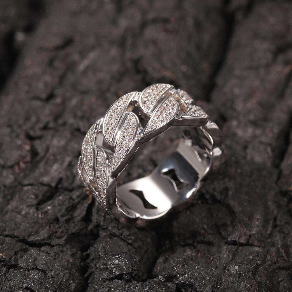 New Hip Hop Real Gold Plated Bling Cubic Zirconia Cuban Chain Mens Womens Band Ring CZ Diamond Finger Rings Rapper Jewelry Gifts for Couples