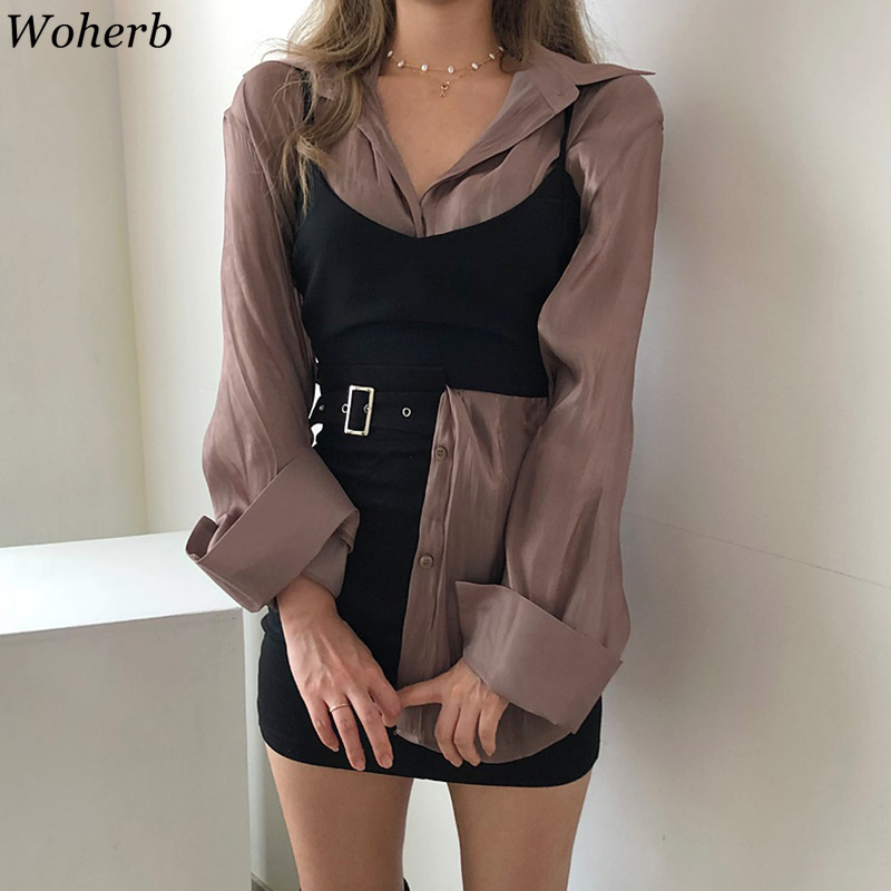 Woherb Korean Vintage Long Sleeve Blouse Women Casual Solid Shirt 2020 New Modis Spring Summer Tops Vest Bandage Blusas CX200711