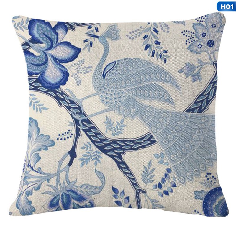 Cushion Covers Blue White Printed Linen Cushion Cover High Quality Sofa Bedding Vintage Decorative Throw Pillow Case