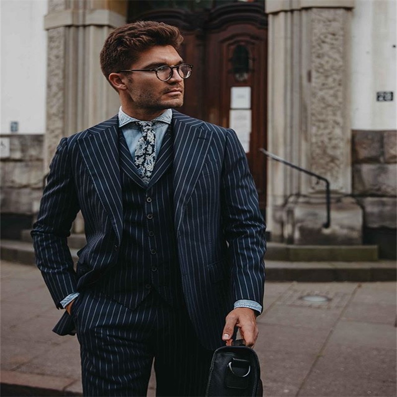 3piece gentlemen cotton blend navy stripe business party blazer suit peaked lapel formal wedding tuxedos slim fit men suits