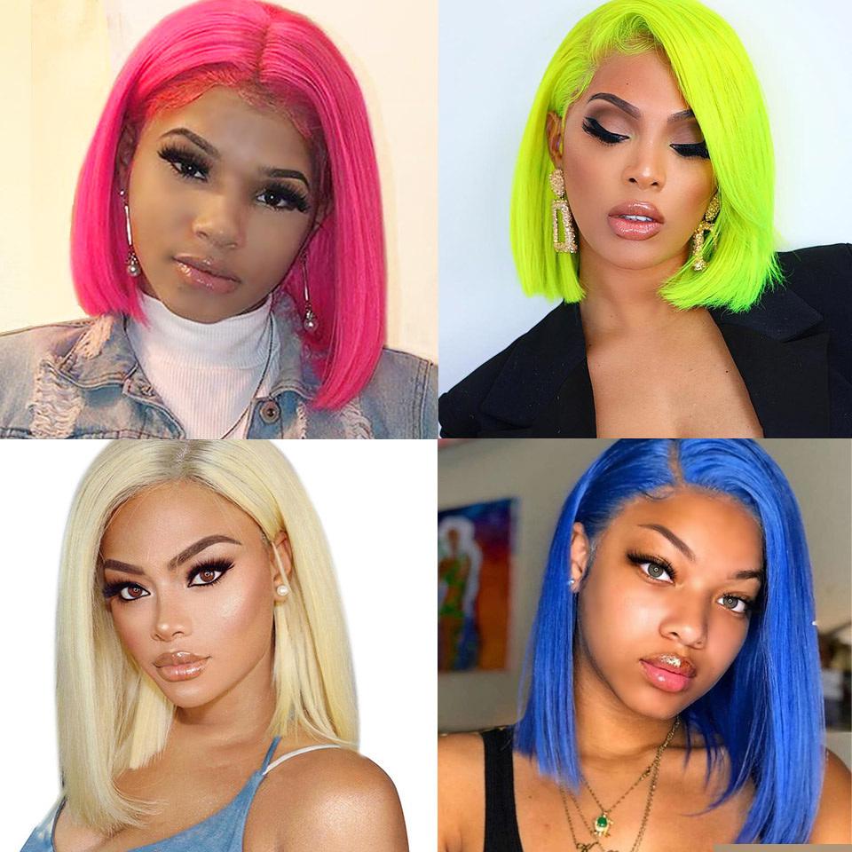 Ishow Straight Short Bob Wigs 99j Blue 613 Blonde 13x4 Lace Front Human Hair Wig Pink Green Straight Ombre Wigs