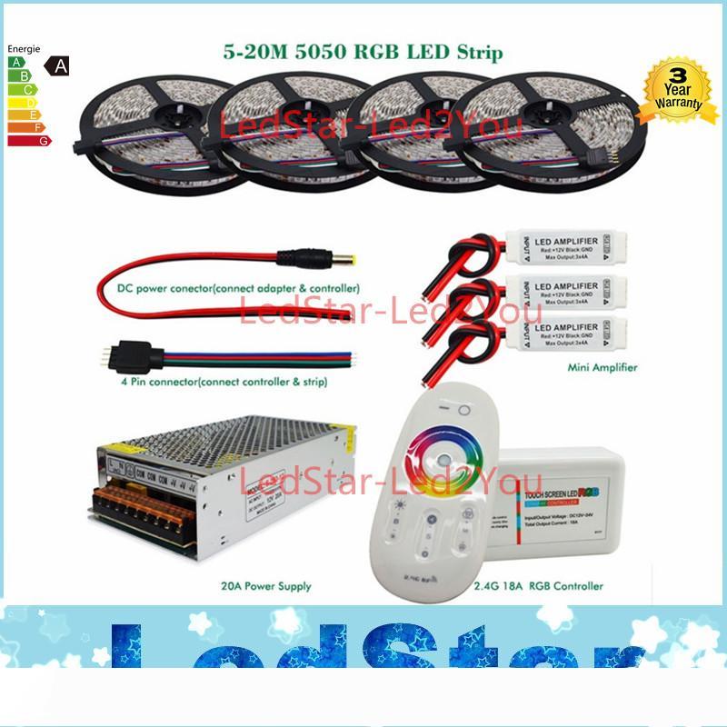 5050 RGB led strip bande tape tiras 20m 15m 10m 5m full kit + 18A RF Remote controller + Power adapter + Amplifier