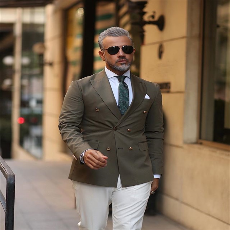2piece dark grey coatwhite pant wedding suits double breasted handsome custom made suits tuxedos party formal business peaked lapel blazer