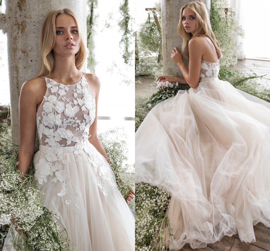 Spaghetti Straps Scoop Wedding Dress Sleeveless 3D Flower Lace Appliques Backless A Line Tulle Illusion Bridal Gown vestidos de mariee
