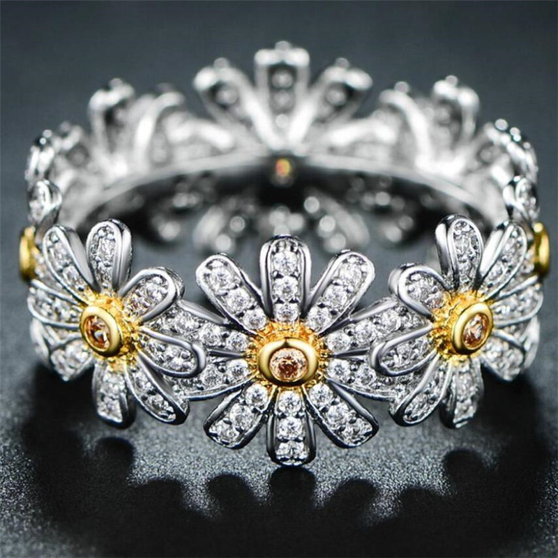 New Sparkling Vintage Fashion Jewelry 925 Sterling Silver&Gold Fill Chrysanthemum Pave White Sapphire CZ Diamond Women Wedding Band Ring Set