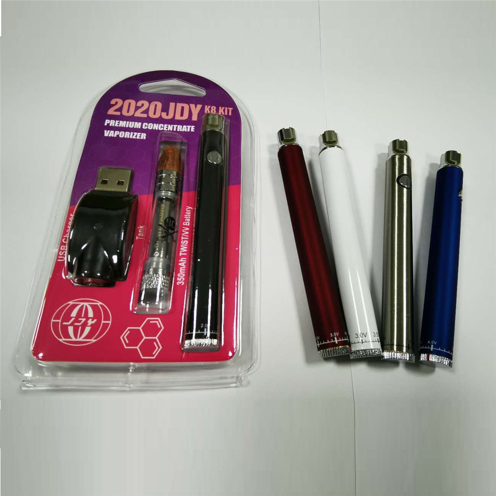 2020 JDY K8 Starter Kit 350mAh Preheat Twist Premium Vaporizer Battery Vape Pen With Big Chief Carts Cartridge 510 Thread Thick Oil Tank 
2020 JDY K8 Starter Kit 350mAh Preheat Twist Premium Vaporizer Battery Vape Pen With Big Chief Carts Cartridge 510 Thread Thick Oil Tank