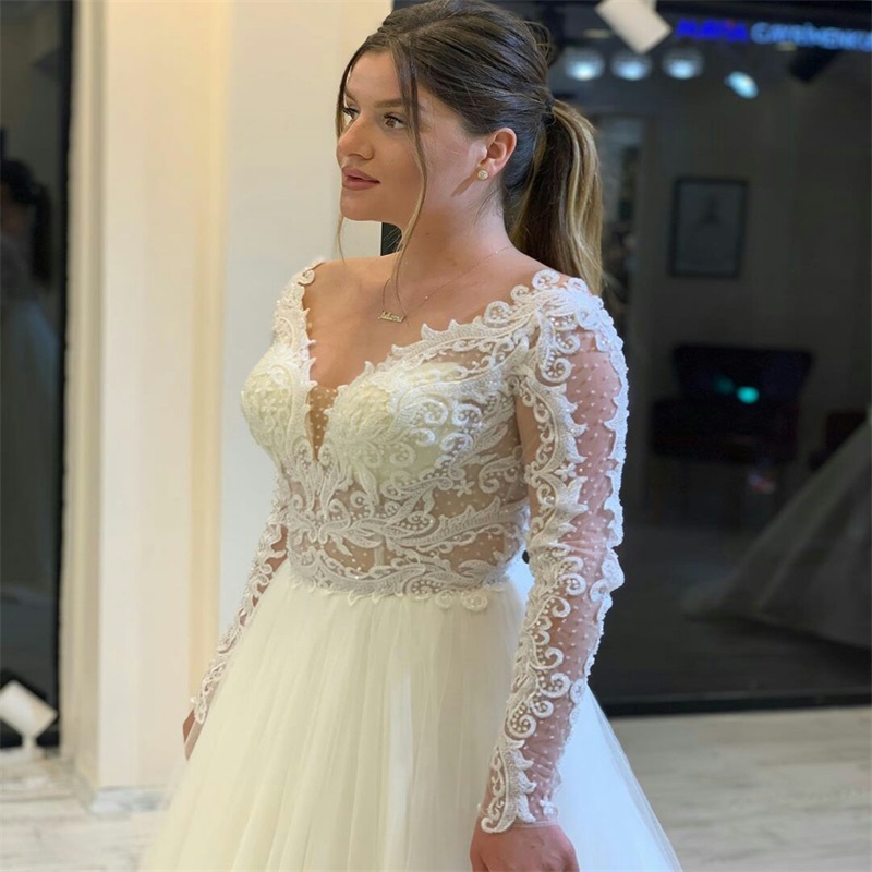 newest illusion aline wedding dresses gorgeous appliques lace vneck long sleeves ruched tulle a line garden long bridal gown
