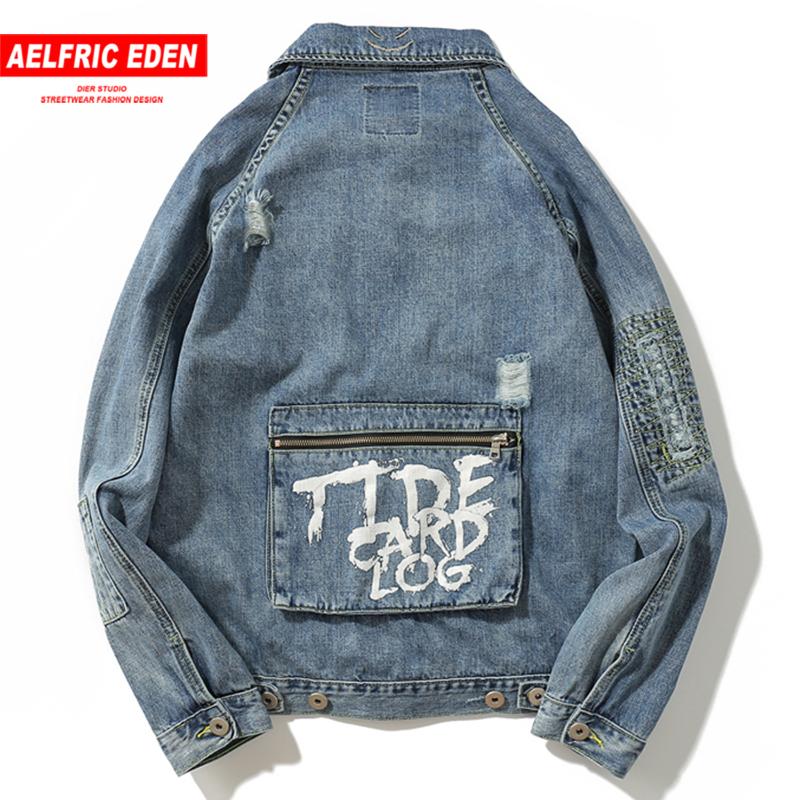 Men's Jackets Aelfric Letter Printed Patchwork Pockets Mens Denim Harajuku Hip …