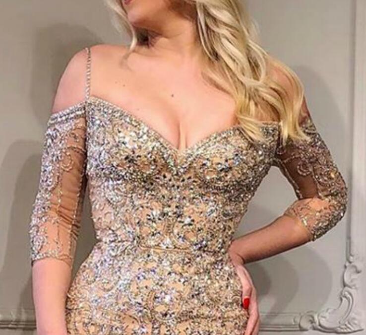 arabic aso ebi champagne luxurious mermaid evening dresses beaded crystals prom dresses sexy formal party second reception gowns zj034