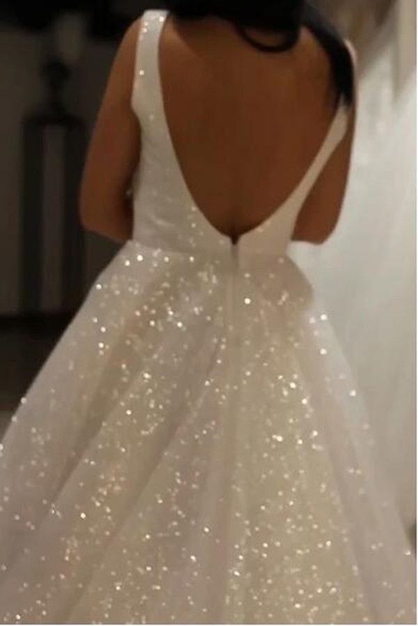 2020 Glitter Princess Wedding Dress Deep V Neck Bling A Line Sexy shiny beauty Bridal Dress Wedding Gowns Vestido Novia