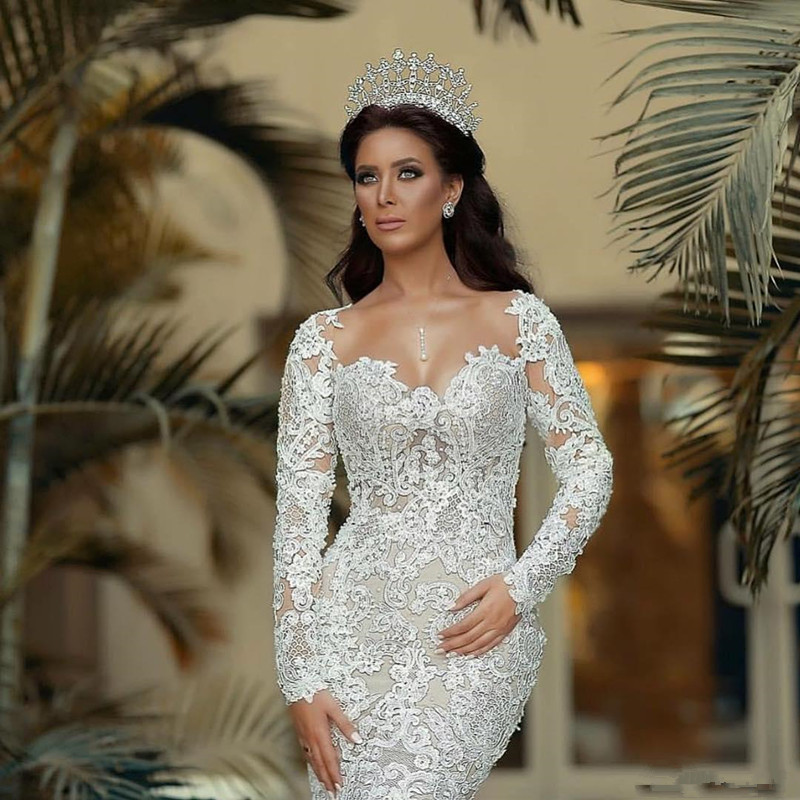 Long Sleeve Mermaid Wedding Dresses with Detachable Train 2021 Luxury Pearls Beaded Lace Applique Princess Vestidos De Novia