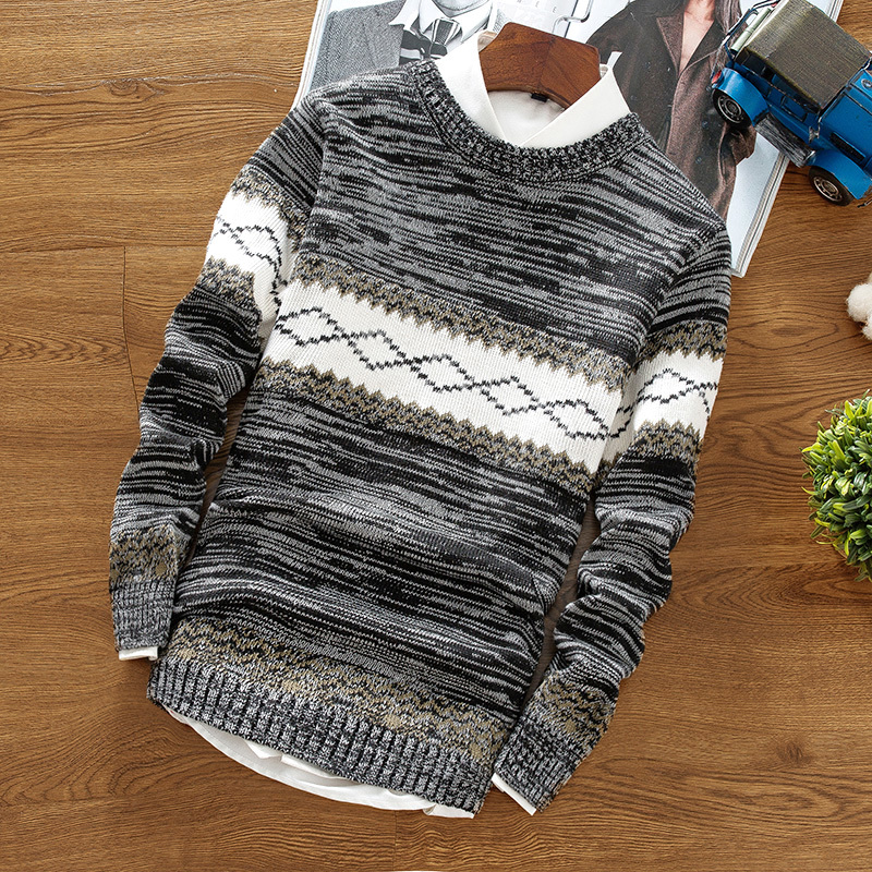 Spring and autumn men's round neck pullover warm casual knit bottoming shirt, trend personality slim striped youth wild sweater MX200711