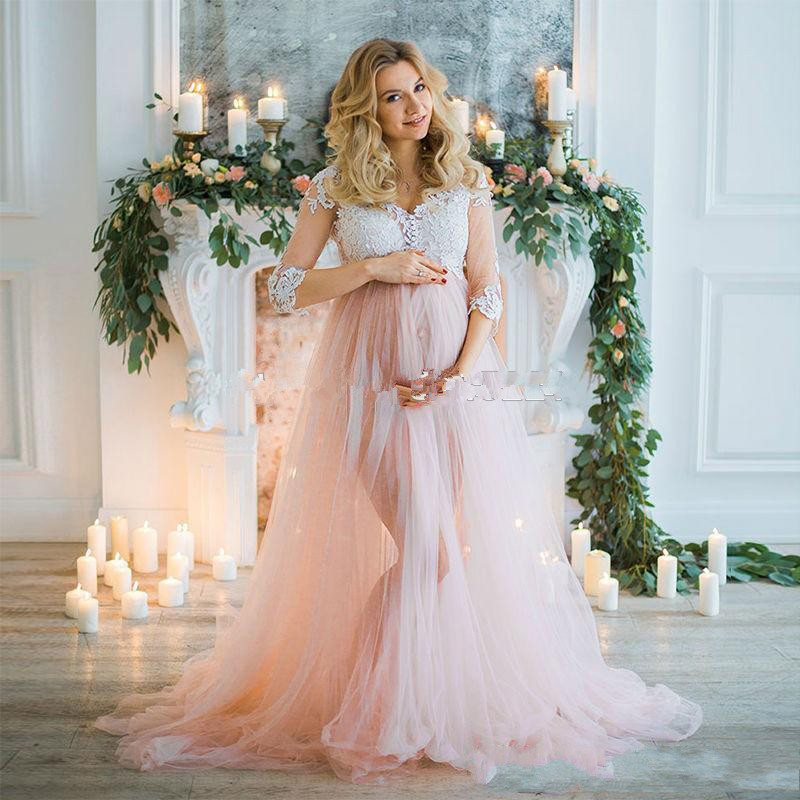 Pink Pregnant Women Robe 2020 New Ruffles Lace Party Sleepwear Custom Made Nightgown Robes Puffy Skirt Photography Boudoir Pajamas