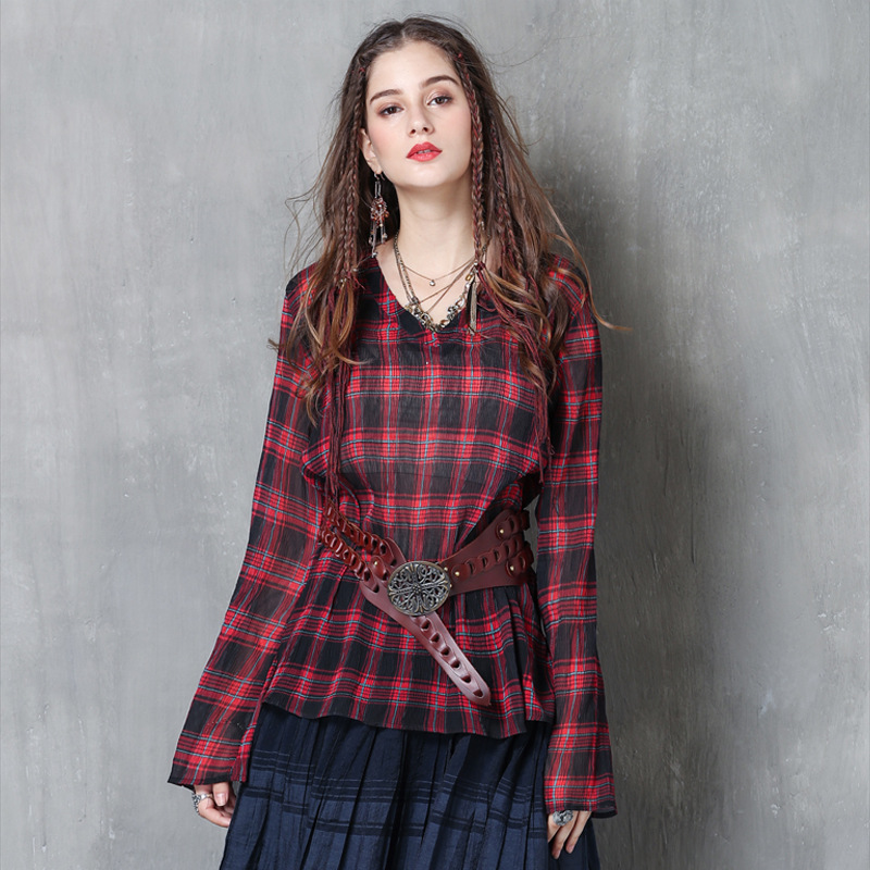 Johnature 2020 Spring New Retro Plaid V-neck Long Sleeve Shirt Simple Leisure Flare Sleeve All-match Women Fashion Tops Shirts, Burgundy
Johnature 2020 Spring New Retro Plaid V-neck Long Sleeve Shirt Simple Leisure Flare Sleeve All-match Women Fashion Tops Shirts, Burgundy