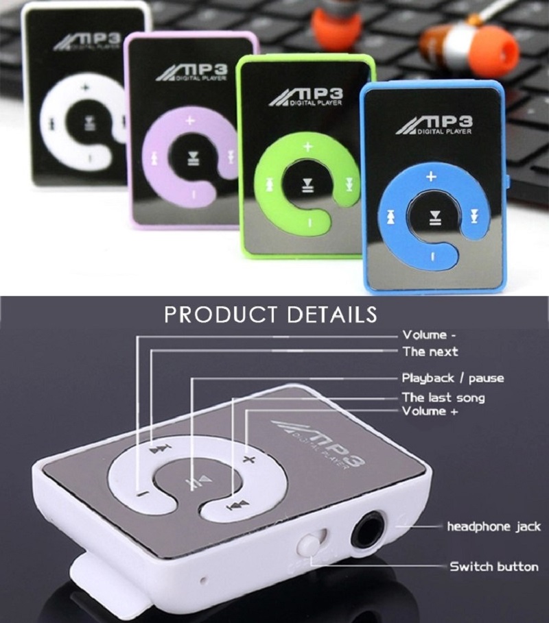 MP3 Player Mirror Clip USB Sport Support micro TF Card Music Media Player mini clip without Screen
