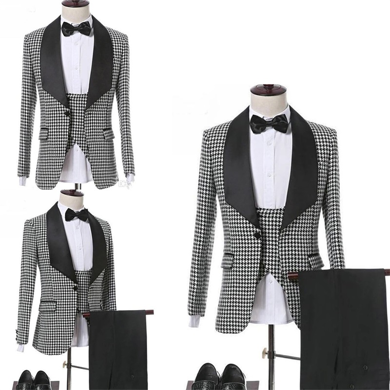3piece houndstooth black and whit wedding suits one button custom made tuxedos party formal business handsome suits peaked lapel blazer