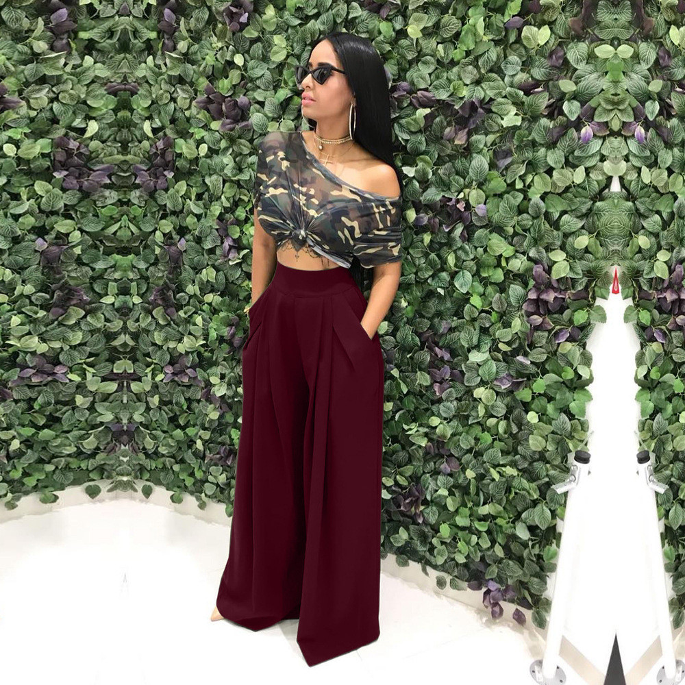 Women Casual Loose Palazzo Pants Autumn High Waisted Wide Leg Trousers Pleated Long Culottes Pants Elastic Waist Trouser Pockets T200729