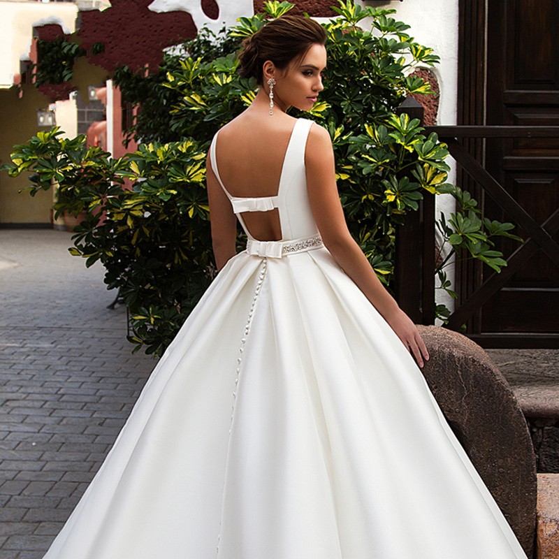 Hot Sale Elegant Bow Satin Wedding Dress Chic Crystal Belt Pocket A-Line Court Train Princess Bridal Gown Vestido De Noiva