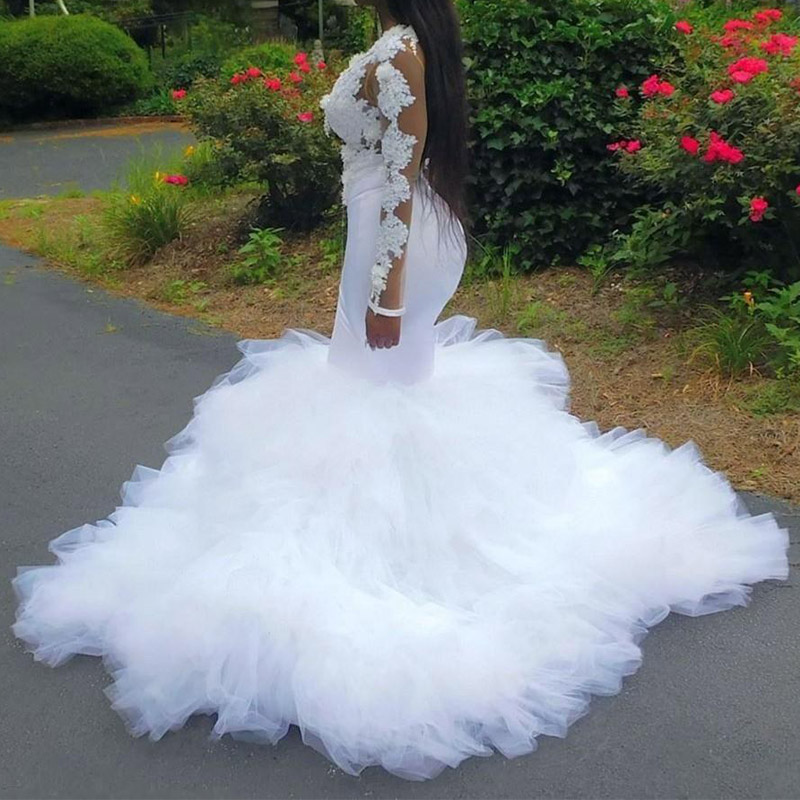 Mermaid Wedding Dresses Ruffles 3D Lace Appliques Plus Size Wedding Dress Illusion Long Sleeves Bridal Gowns vestidos de novia