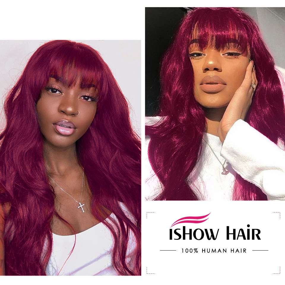 Ishow Brazilian Human Hair Wigs with Bangs Peruvian Body Wave None Lace Wigs Indian Hair Malaysian Body Wave
