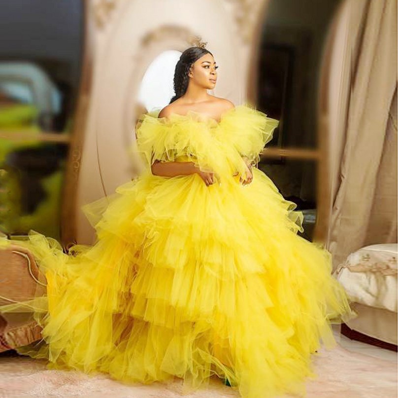 Yellow Ball Gown Formal Evening Dress Puffy Tiered vestidos Tulle Off Shoulder Party Dress Plus Size Tiered Ruffles Chic Prom Gowns