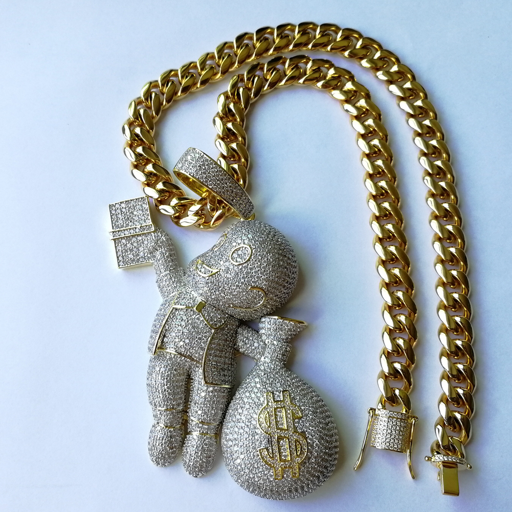 Large Size High Quality Brass CZ stones Cartoon Money Bag pendant Hip hop Necklace Jewelry Bling Bling Iced Out CN044B CX200721