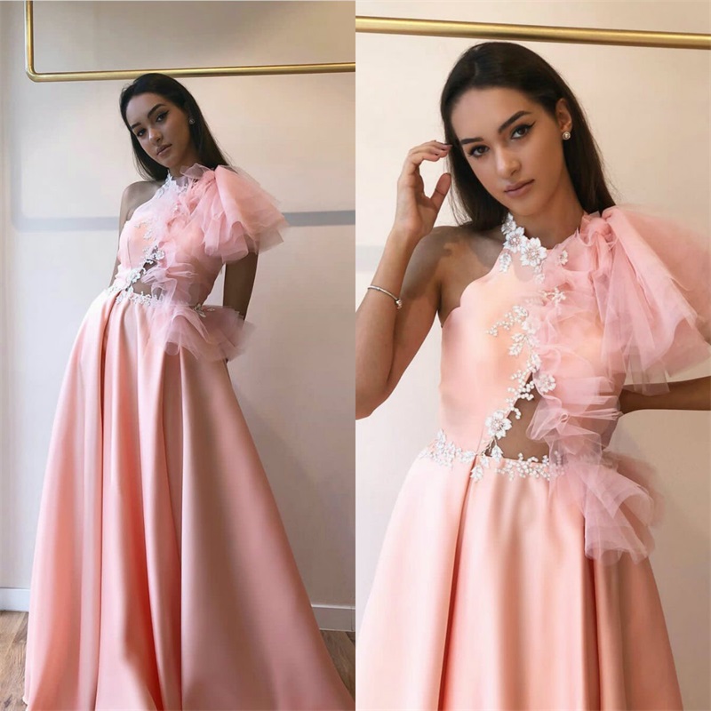 pink sexy hollow aline evening dresses sleeveless hand made flower formal prom dress ruched satin and tulle custom made long party gown