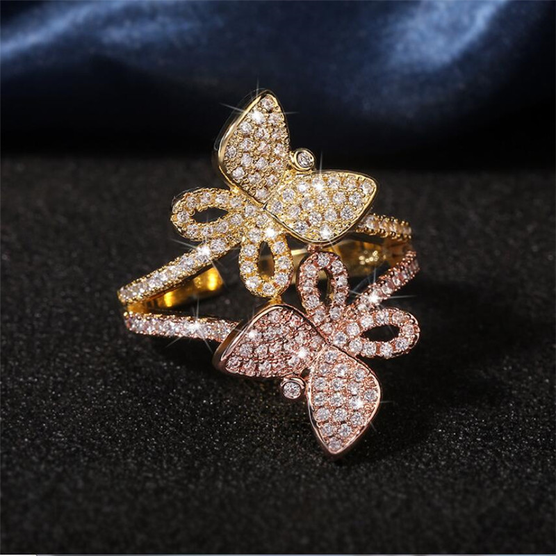 Infinity Vintage Fashion Jewelry 925 Sterling Silver&Gold Fill pave White Sapphire CZ Diamond Gemstone Double Butterfly Open Adjustable Ring