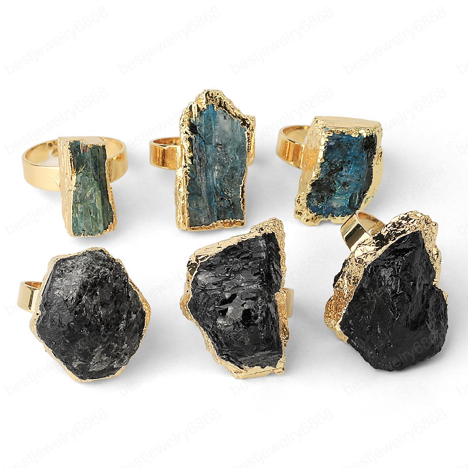 Natural Stone Gold-color Adjustable Ring Irregular Black Tourmaline Blue Crystal Finger Rings for Women Trendy Jewelry