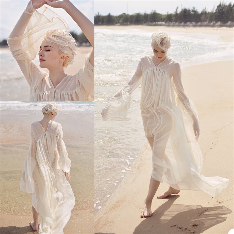 Hot Sale Chiffon Bridal Sleepwear With Long Sleeves Sweep Train Plus Size Pajamas Ruched Custom Made Newest Wedding Nightgown Cheap