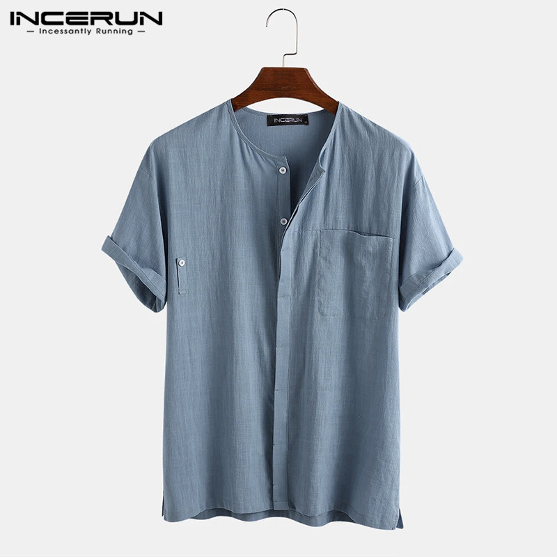 Mens Vintage Camisas Short Sleeve Round Neck Shirts Casual Solid Color Cotton Buttons Blouse Harajuku Streetwear Blusas INCERUN, Blue
Mens Vintage Camisas Short Sleeve Round Neck Shirts Casual Solid Color Cotton Buttons Blouse Harajuku Streetwear Blusas INCERUN, Blue