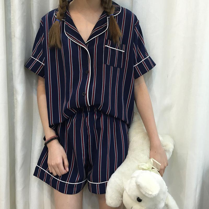 3PCS/Set Women Casual Nightdress Sleepwear Vertical Stripe Short-sleeved Pajamas + Shorts + Hair Band Home Wear Ladies Underwear Y200708