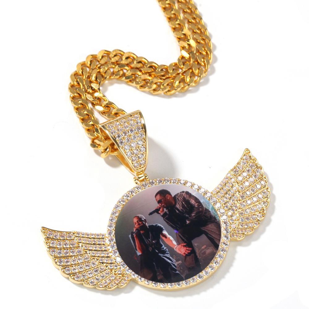 UWIN Cubic Zirconia Custom Made Photo Pendant Necklace Soild Back Full Iced Out Wing Round Tag Hiphop Jewelry Gifts CX200725