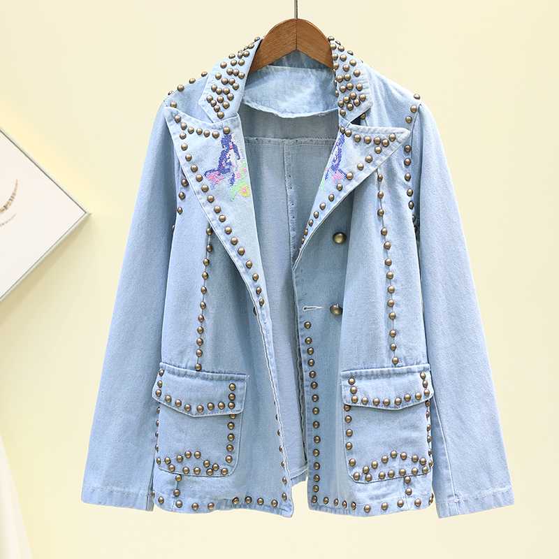 Heavy work Rivet Embroidery Women Vintage Notched collar Denim jacket Autumn Washed Light blue Jean jacket Streetwear Chaquetas
Heavy work Rivet Embroidery Women Vintage Notched collar Denim jacket Autumn Washed Light blue Jean jacket Streetwear Chaquetas