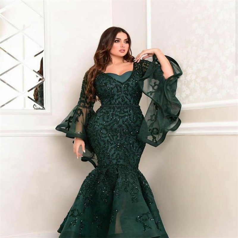 Luxury Dark Green Mermaid Evening Dresses Long Sleeve Appliqued Beaded Ruched Organza Formal Bridal Gown Sweep Train Custom Made Party Gown