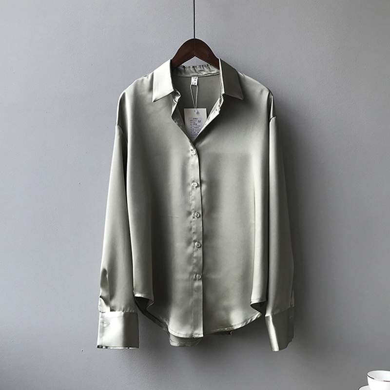 2020 Fashion Button Up Satin Silk Blouse Shirt Women Vintage White Long Sleeve Shirts Tops Ladies Elegant Korean Office