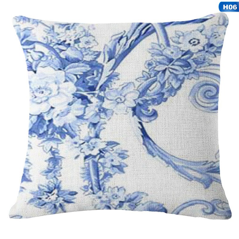 Cushion Covers Blue White Printed Linen Cushion Cover High Quality Sofa Bedding Vintage Decorative Throw Pillow Case