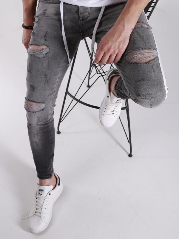 Men's Jeans Ripped Pencil Pants Men Skinny Denim Biker Side Striped Destroyed Hole Hip Hop Slim Fit Man Scratched Jean Hombre