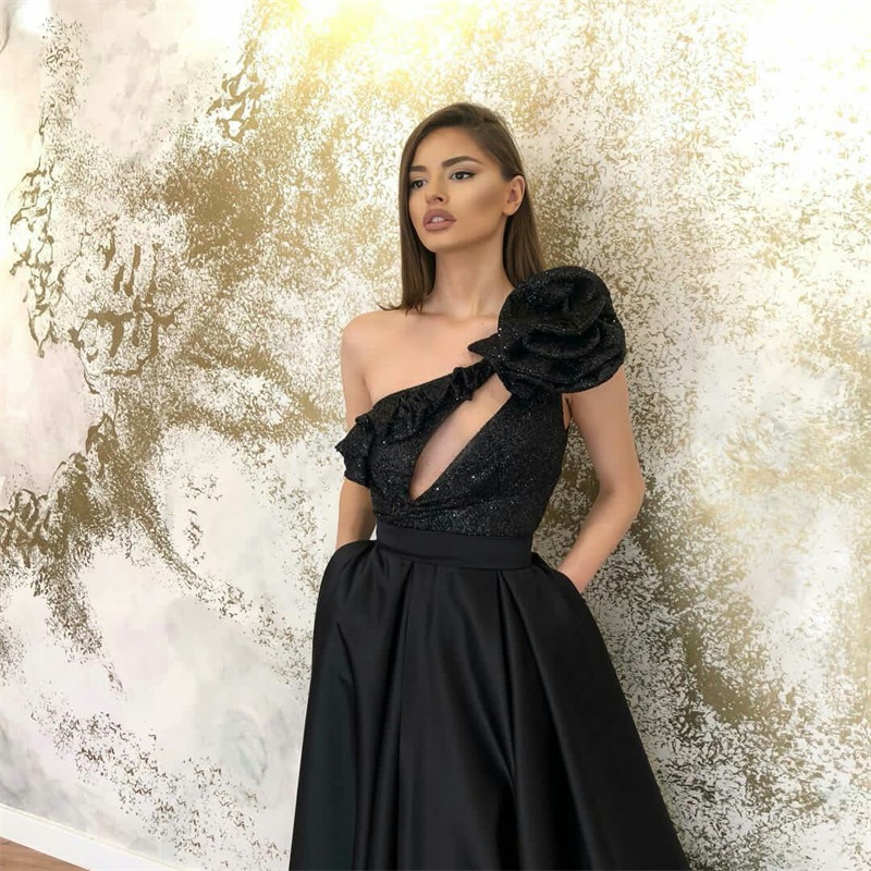 One-shoulder Gorgeous Black A-line High-split Bling Sequins Evening Dresses Formal Ruched Satin Prom Dress Custom Made Long Party Gown