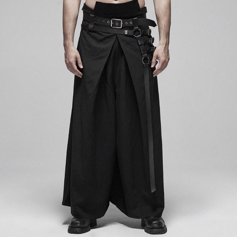 

PUNK RAVE Men's Punk Black Japanese Warrior Pants Kimono Style Metal Adjusting Buckle Stage Performance Trousers Ym3c#