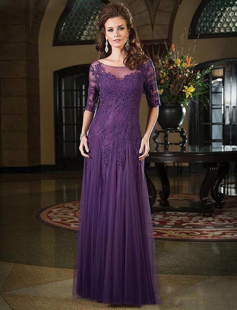 Sheer Neck Half Sleeve Mother Of The Bride Dresses Appliqu Groom Godmother Evening Dress For Wedding Party Prom Mother Gown