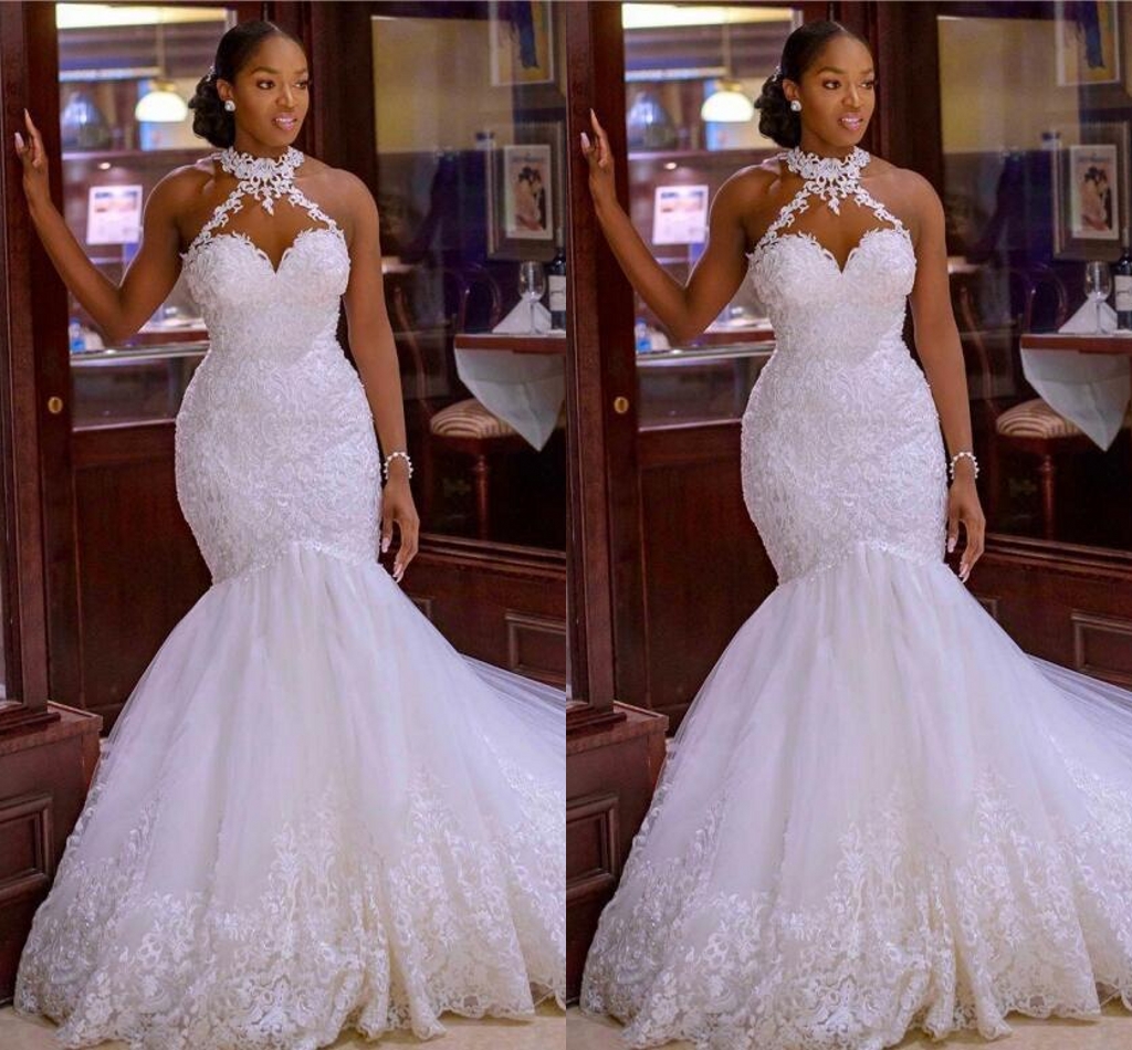 Arabic Mermaid Wedding Dresses Halter Lace Appliques Capped African Buttons Back Wedding Dress Tulle Long Bridal Gowns