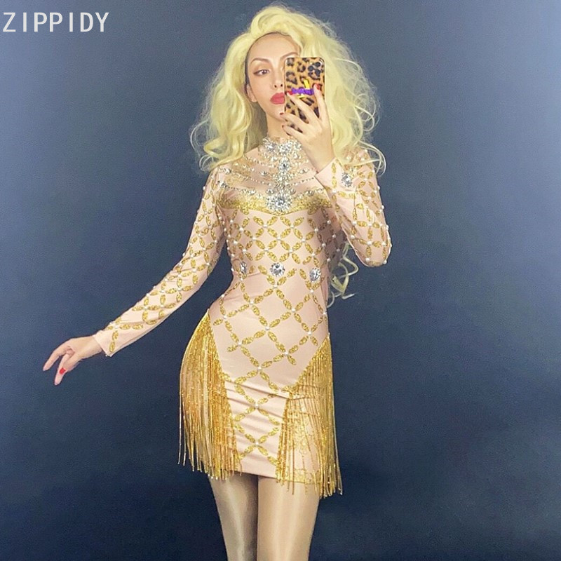 Silver Gold Rhinestones Fringes Pearl Short Dress Birthday Celebrate Spandex Wear Prom Women Dancer Dress YOUDU 
Silver Gold Rhinestones Fringes Pearl Short Dress Birthday Celebrate Spandex Wear Prom Women Dancer Dress YOUDU