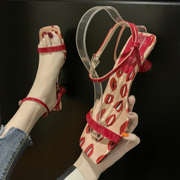 Sandals Women Female 2020 Summer New Fashion Fairy Style Square Head Lips With Open Toe Thick Heel 7CM Wear Non-slip Women Shoes, Red